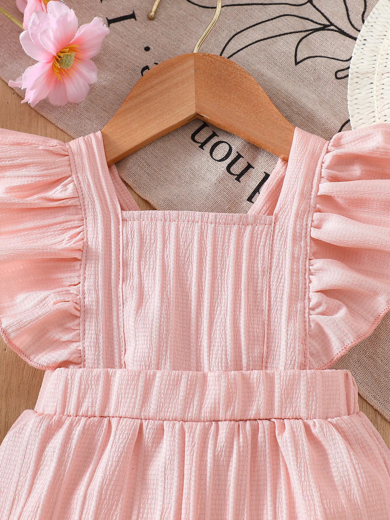 Baby Girl Summer Ruffled Romper + Straw Hat Set, Pink Sleeveless Cute Beach Vacation Outfit for Photoshoots 3
