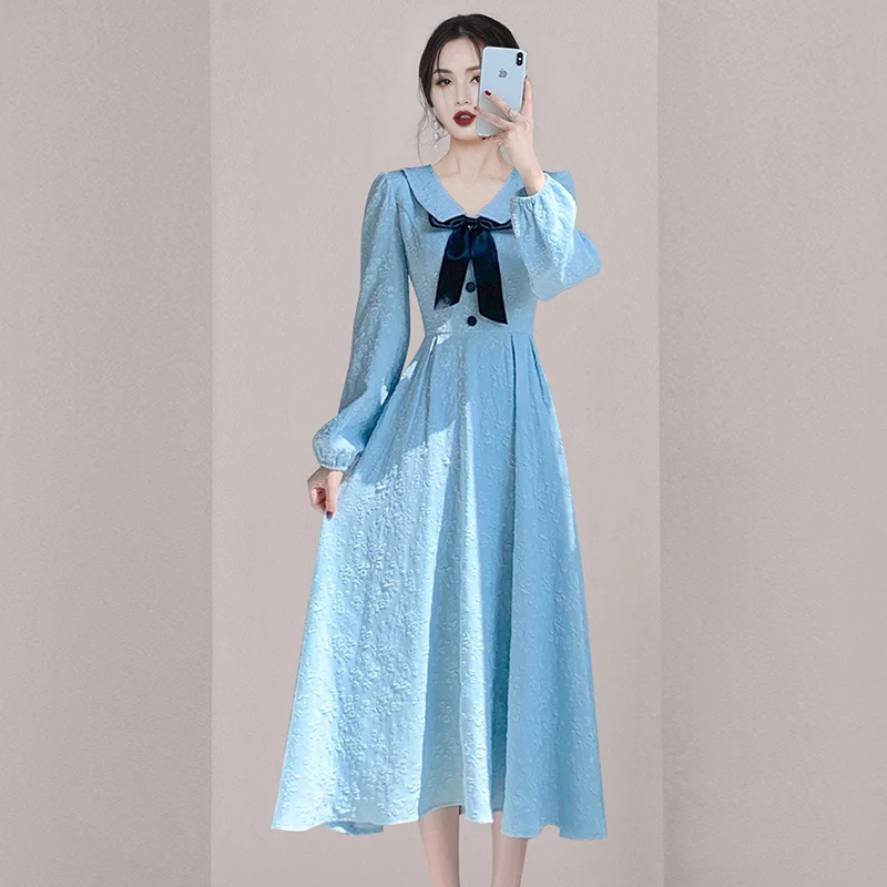 

Elegant France Sweet Autumn Blue Jacquard Long Dress Vintage Women Doll Collar Bow Lace Up Slim Waist Lantern Sleeve Vestidos