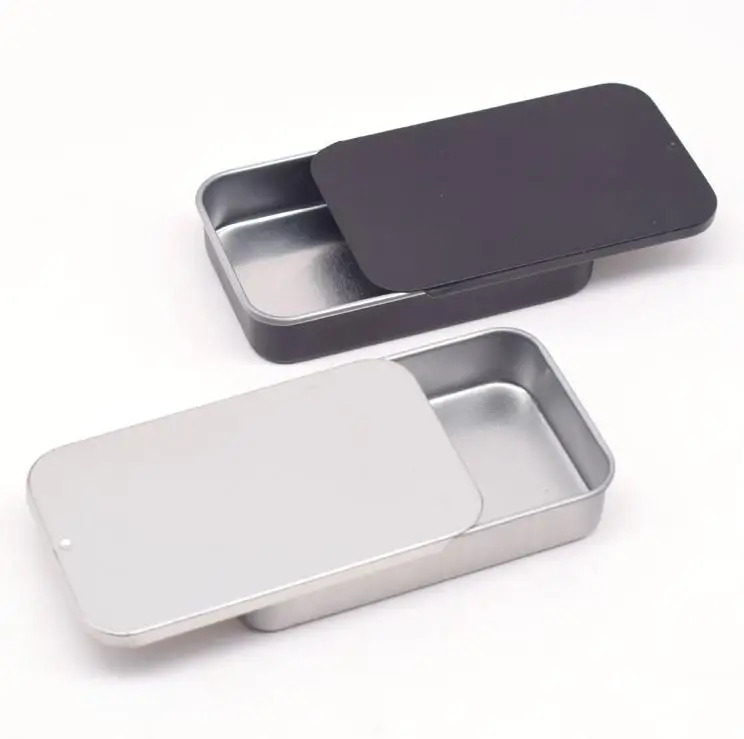 

Silver Black White Sliding Tin Box Mint Packing Box Food Container Boxes Rectangle Small Metal Case Size 80x50x15mm SN4154