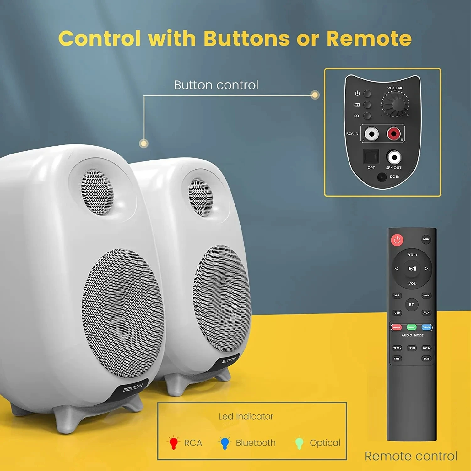 50W Gaming Bluetooth Speaker Bookshelf 4-inch Active Subwoofer HiFi Home Theatre Sound System With Bass Effect OPT RCA For PC TV