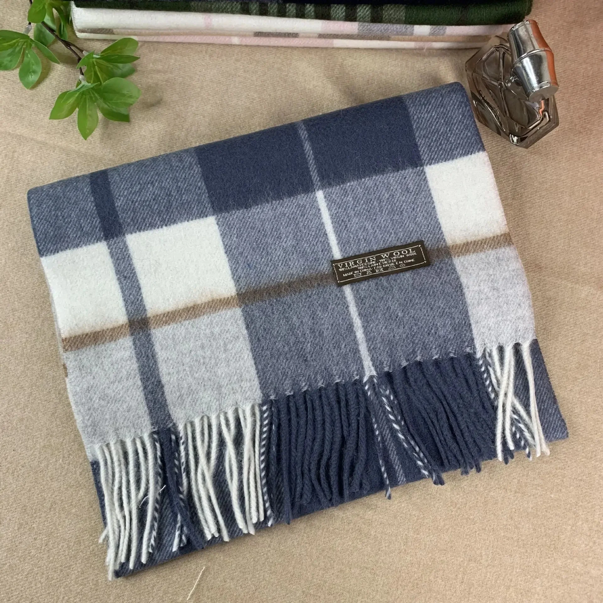 Navy blue and white plaid