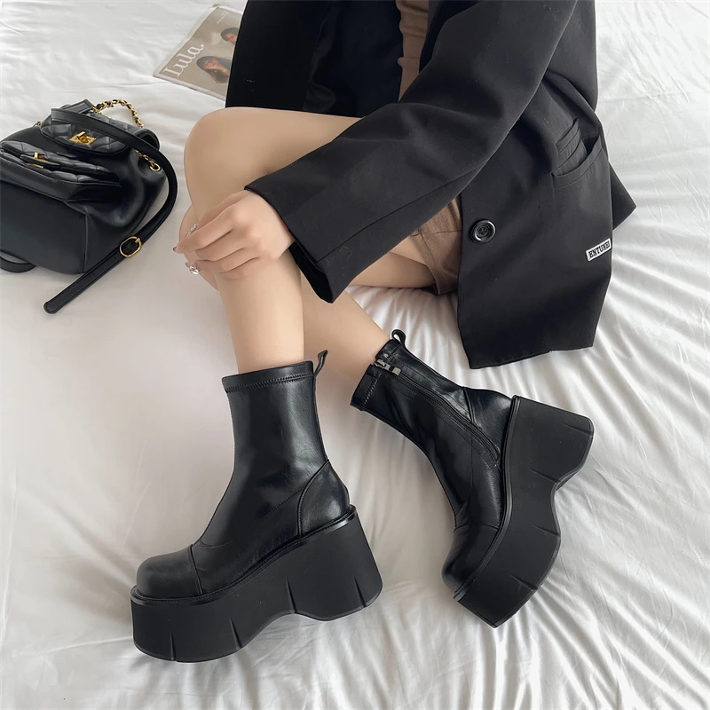 

Женские резиновые ботинки на молнии, женские ботильоны с круглым носком, на высоком каблуке, для дождя, осень 2023, Дамская обувь в стиле рок, Лолита, однотонная хлопковая ткань