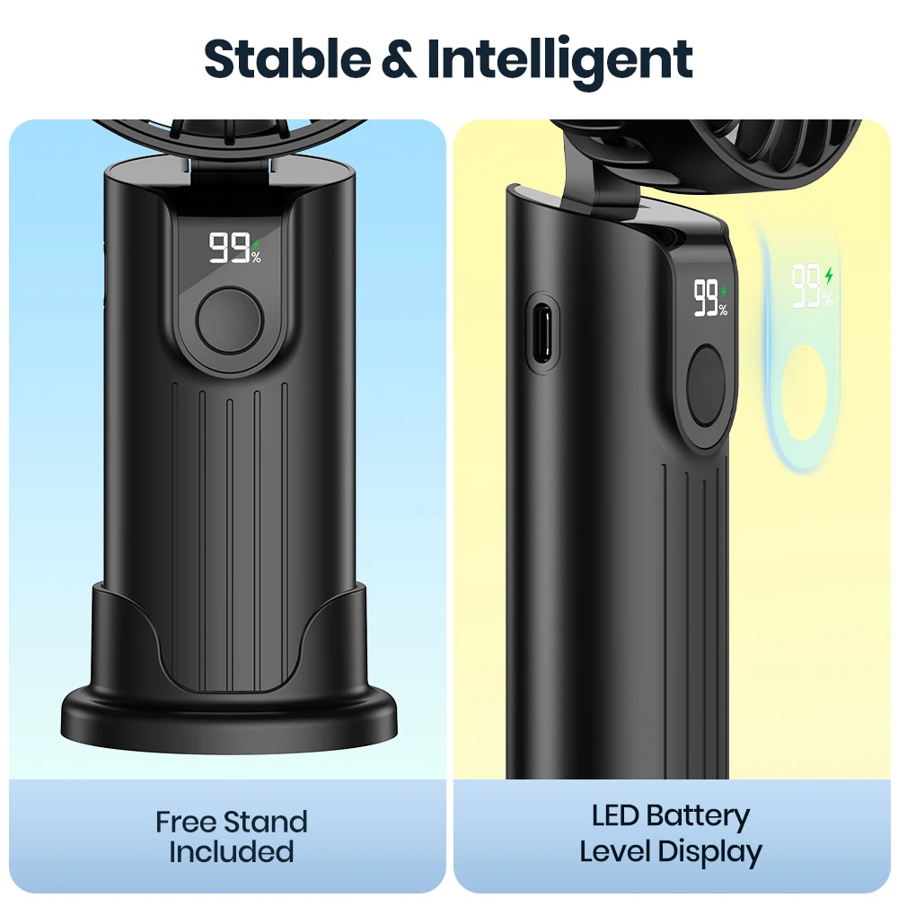 TOPK Portable Handheld Fan 5000mAh USB Rechargeable Foldable Fan 3 in 1 Personal Travel Fan with Digital Display Desk Fan 5