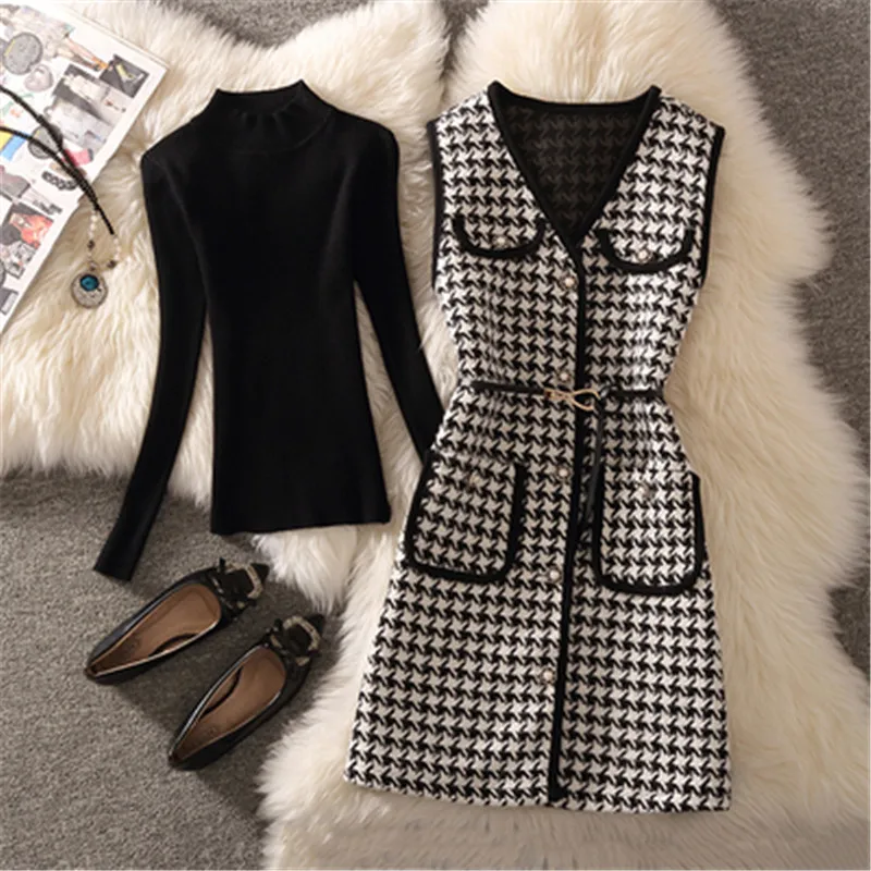 

2023 Spring Autumn Mid-Length Vest Coat Women Temperament Thousand Bird Lattice Belt Sleeveless Jacket Female Waistcoat G2456