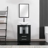 24" Modern Bathroom Vanity Sink Combo Black Stand Cabinet with White Boat Ceramic Vessel Sink & Water Save Faucet & Pop Up Drain 2