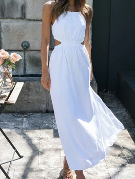 Elegant Women s Sleeveless Maxi Dress with High Split and Hollow Waist Detail for Summer Parties and Casual Wear 3