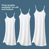 Ice Silk Camisole Dress Women Summer Thin Inner Wear Loose A- Line Midi Skirt Underdress Solid Color round Neck Sleeveless Gown