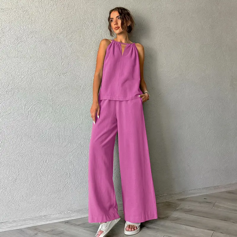 2026 Spring and Summer Casual Khaki Cotton and Linen Suit Women's Vacation Style Loose Neck Vest Trousers Two-piece Set - Image 4