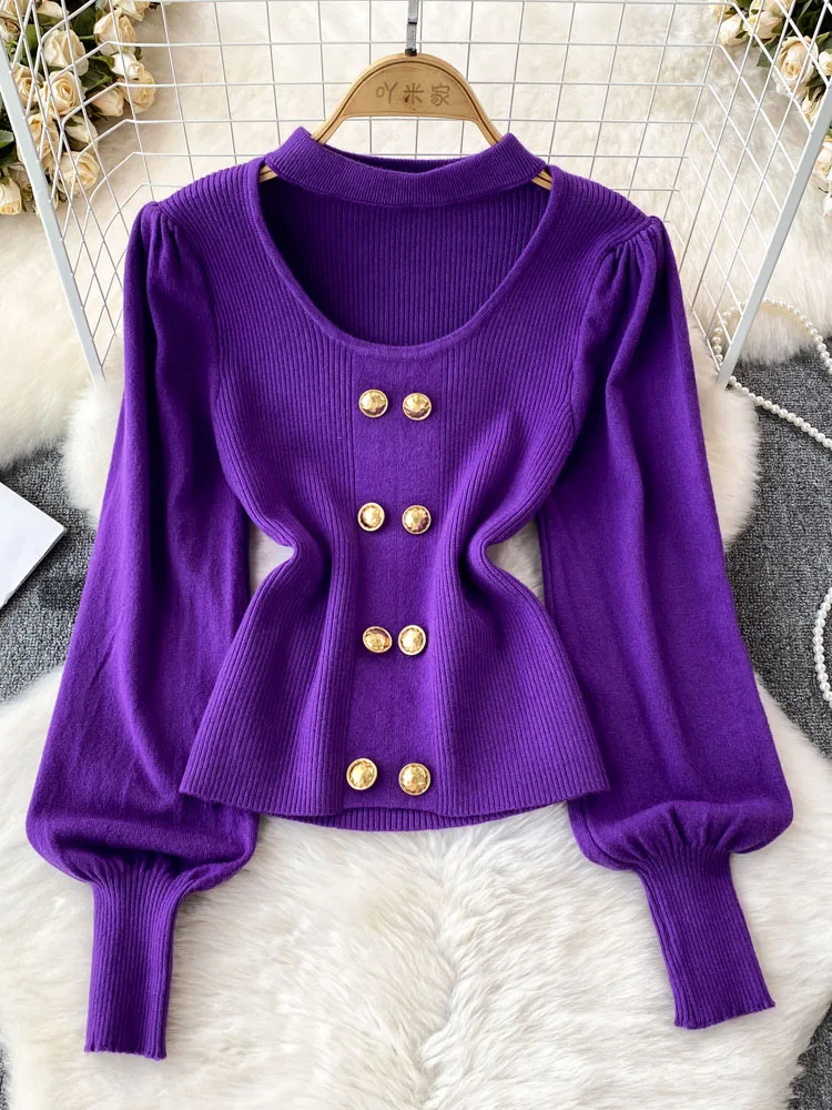 

Women Autumn Sweater Korean Style Lantern Long Sleeved Round Neck Hanging Neck Slim Fit Knitted Sweater Western Style Top D5077
