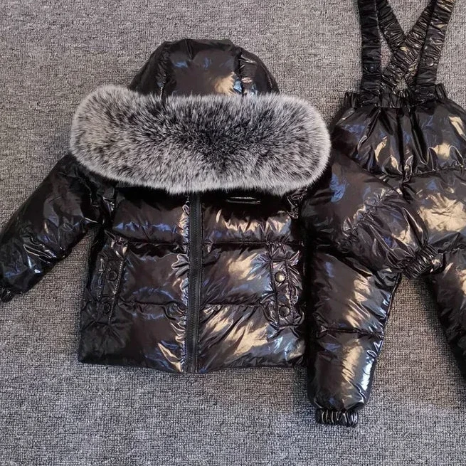 

New Winter 2023 Kids Boutique Clothing 2 Pieces Sets Down Jacket Suspender Trousers Big Fur Collar Warm Soft Unisex Ski Suit