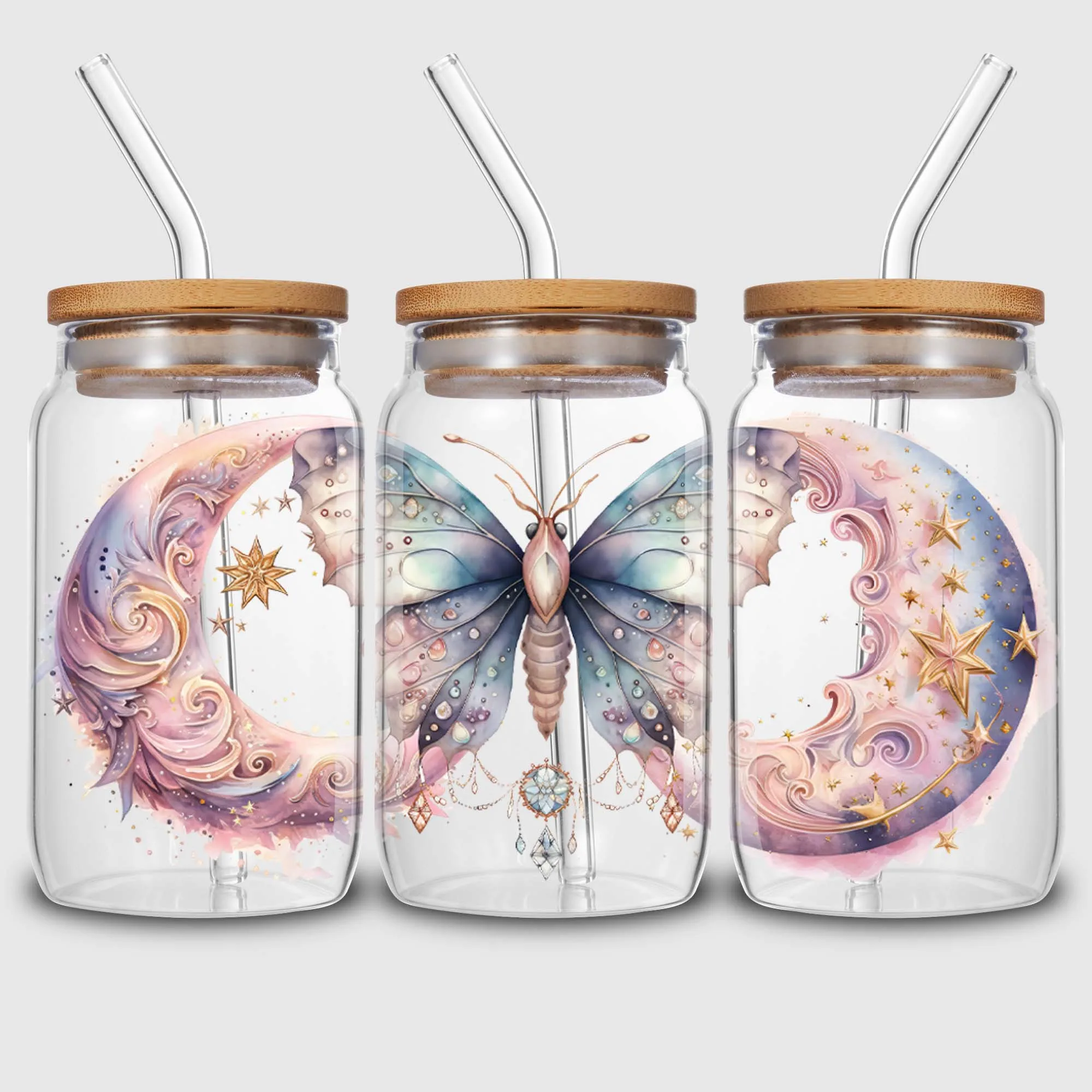 Beautiful butterfly UV DTF Cup Stickers Glass Sport Transfer Stickers Waterproof Wipe Transfers 16 oz Glass Mugs 5 Sheets