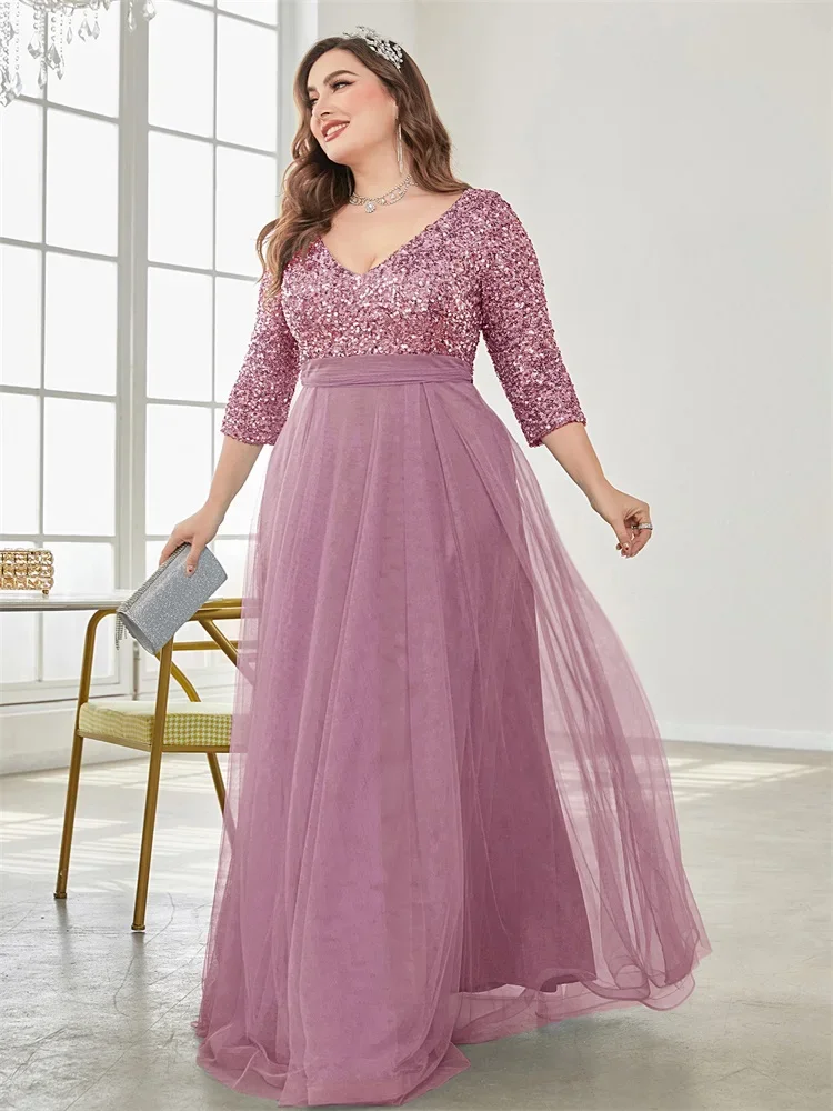 فستان سهرة فاخر مقاس كبير بطول الأرض ورقبة على شكل...