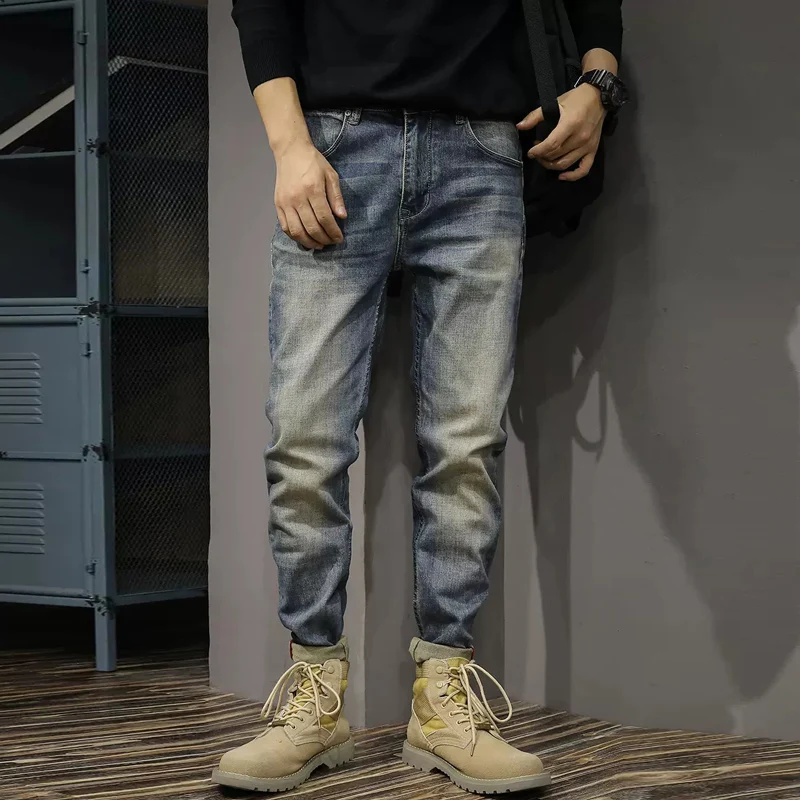 Fashion Designer Men Jeans High Quality Retro Blue Elastic Stretch Slim Fit Ripped Jeans Men Vintage Trousers Denim Pants Hombre