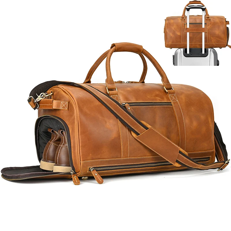 

Crazy Horse Leather Travel Bag Fitness Bag Large Dry and Wet Separation Bag Leather Handbag For Men Duffel Bag Travelling Male