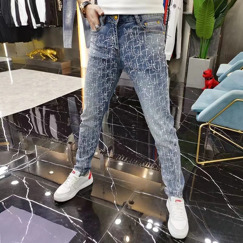 Bag Diamond Letter D Embroidered Jeans Men's High Street Vintage Feet Tight Luxury Pants Gold Silk High Elastic Reflective Slim
