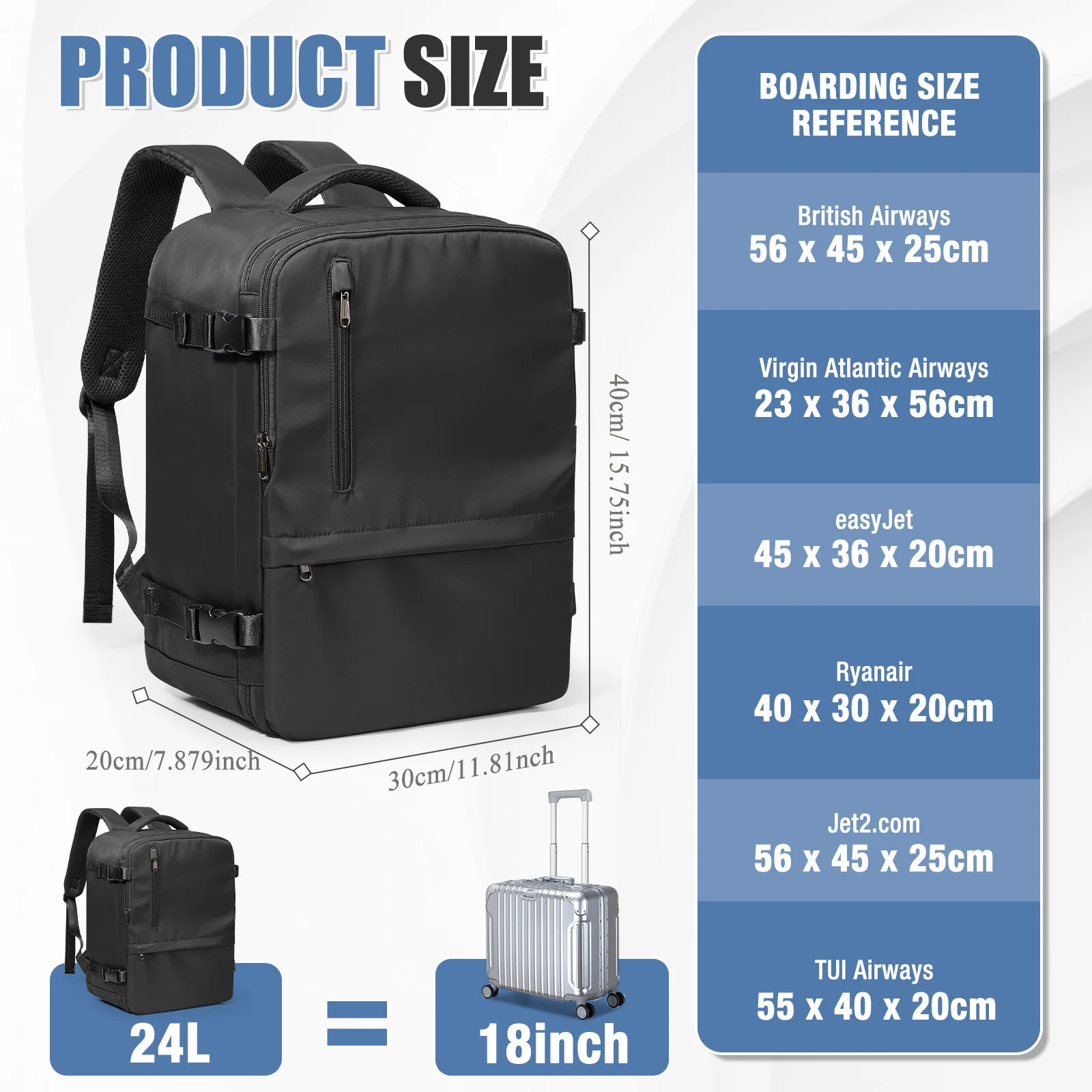 Cabin Bags Ryanair 40x30x20 Underseat Cabin Bag, Hand Luggage Travel Backpack Cabin Size Business Carry On Bag Computer Backpack