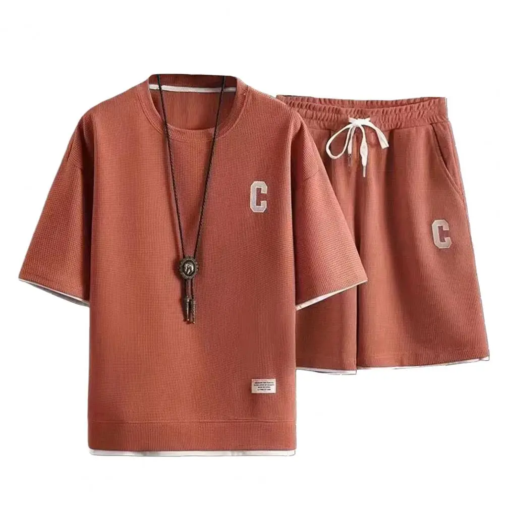 

Short Sleeve T-shirt Elastic Drawstring Waist Shorts Set Men's Letter Print Sportswear Set with O-neck Short Sleeve for Men