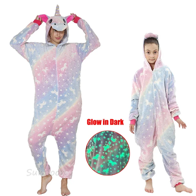 Kigurumi Panda Animal Adults Unicorn Onesies Pajamas Flannel Boy Girl Unicornio Sleepwear Kids Pyjamas Licorne Cosplay Costumes