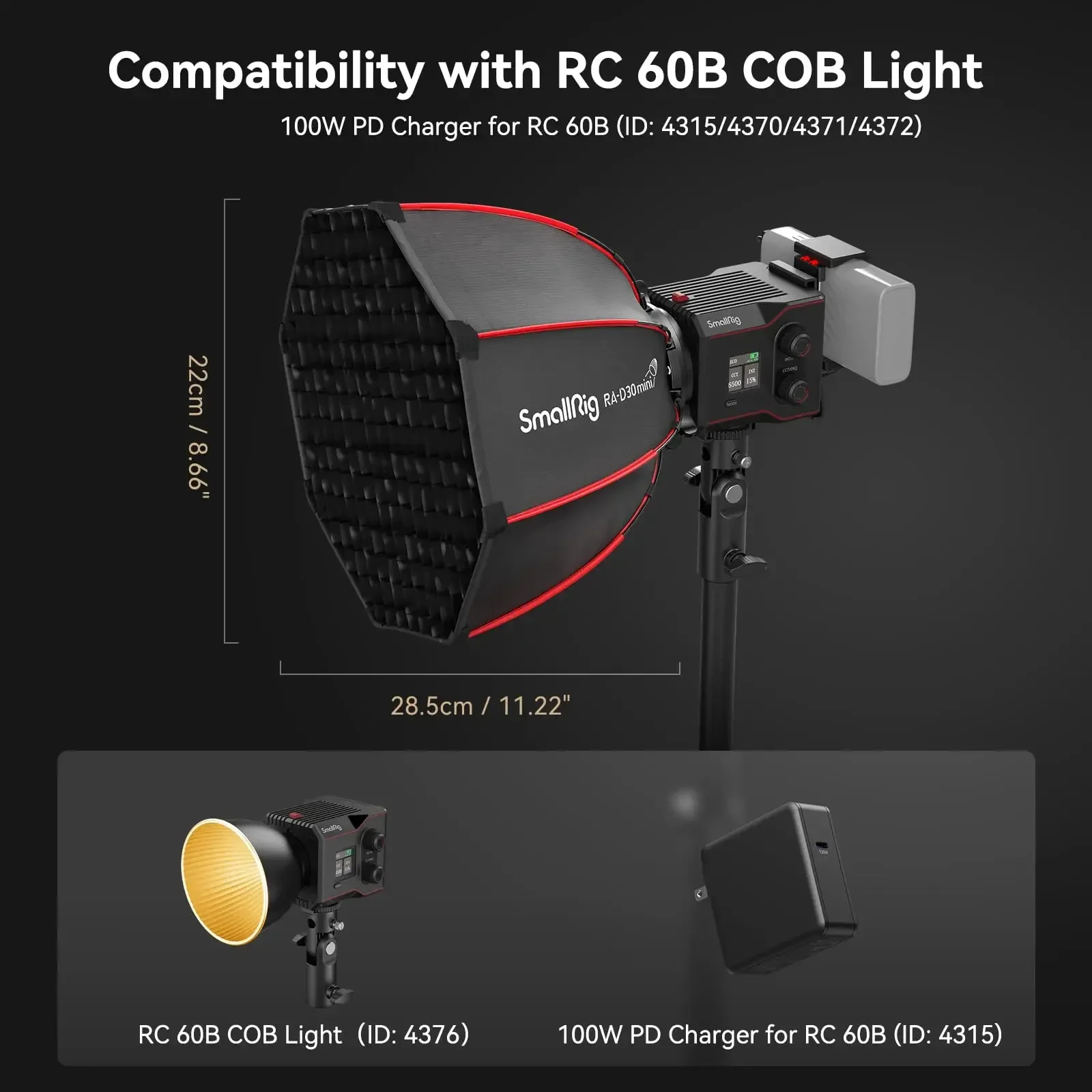 스몰리그 미니 파라볼릭 소프트박스 RA-D30 29cm 퀵 릴리즈, 스몰리그 RC 60B COB LED 비디오 조명과 호환 가능 - 4358