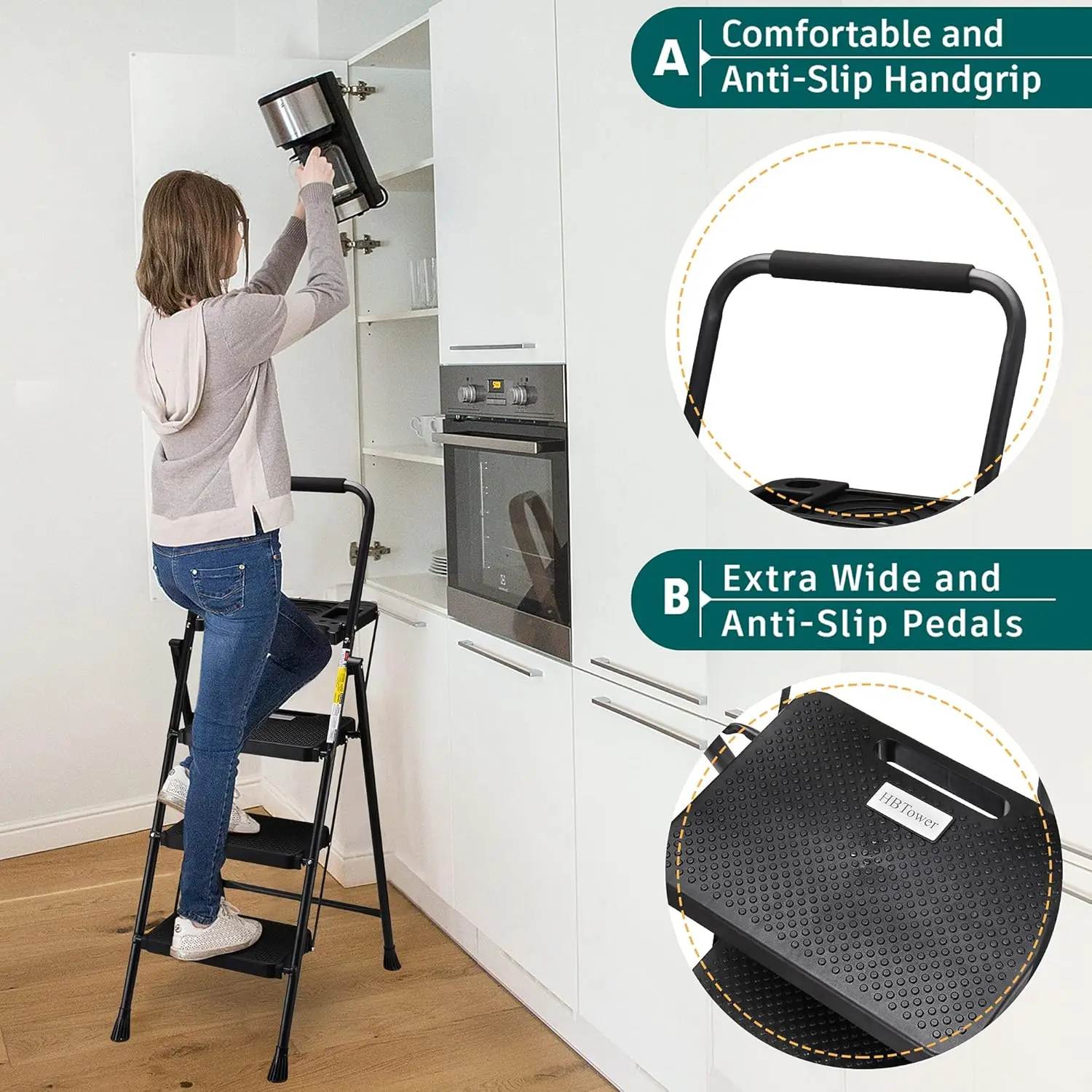 3 Step Ladder with Tool Tray, Folding Step Stool with Wide Non-Slip Pedal and Comfort Handgrip for Household and Office