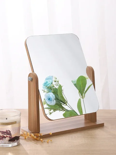 Miroir de courtoisie de commode avec support en bois naturel, miroir grossissant rotatif 1x360 degrés, miroir de comptoir de Table Portable pour salle de bain 2