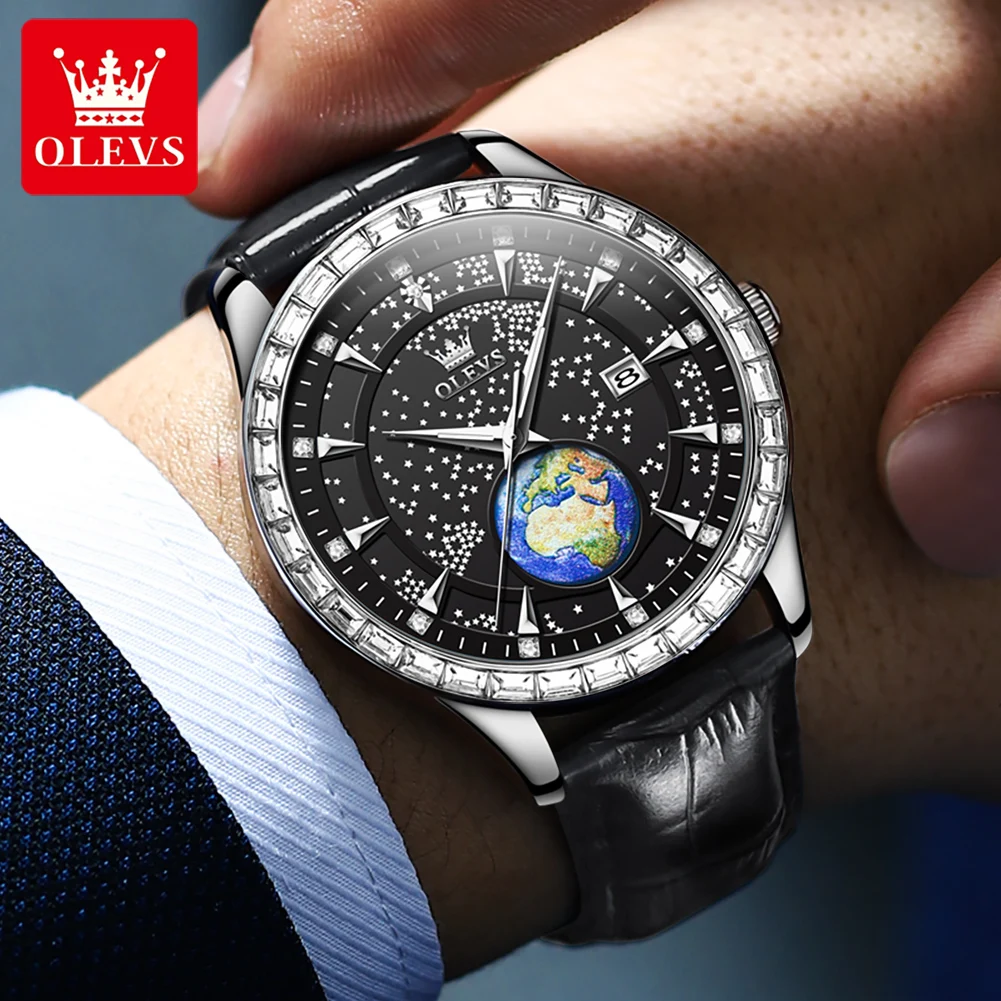 OLEVS 9967 Quartz Watch for Men Luxury Original Diamond Earth Sky Design Mens Watches Stainless Steel Waterproof Wristwatch Gift