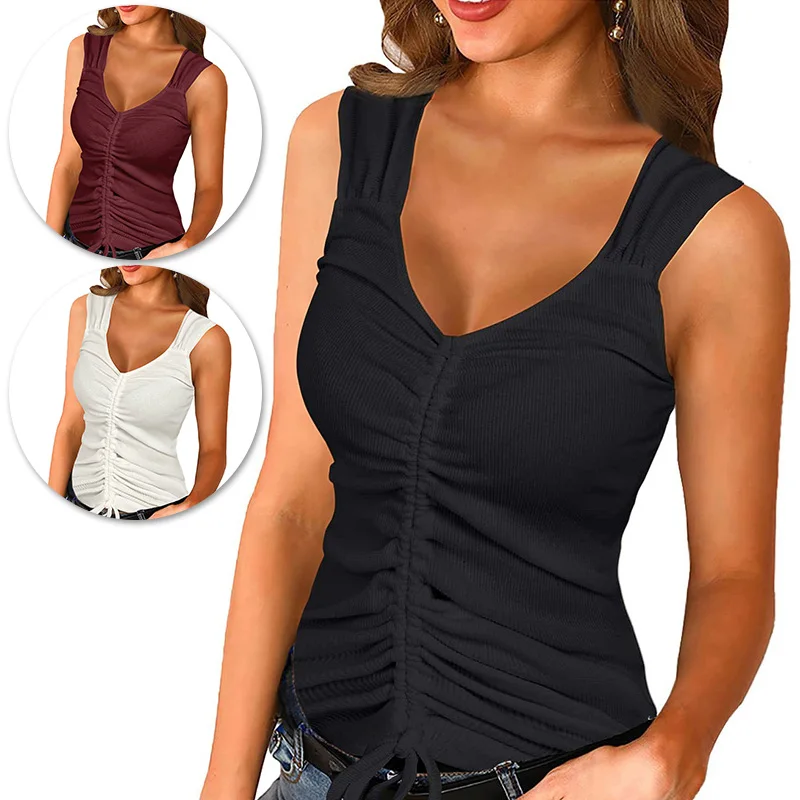 

Summer Thread Drawstring Slim Fit Tank Top T-shirt Women Sleeveless V-neck Summer Casual Streetwear Vest T-shirt