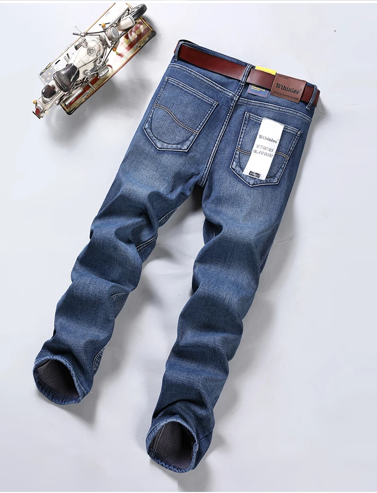 New Winter Business Men's Jeans Plush Straight Stretch Fashionable Pants for Mens Blue Black Work Denim Trousers
