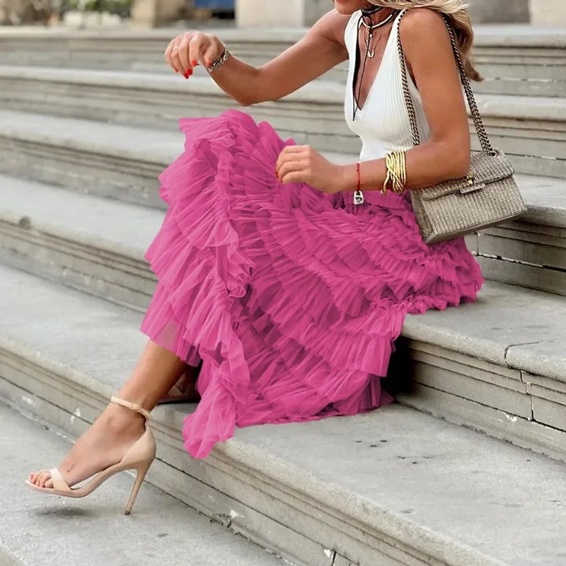New Women's Solid Colors Mesh Ball Gown Elegant Ankle-Length Skirts High Waist A-line Skirt Fluffy Mesh Cake Dresses GZML0011