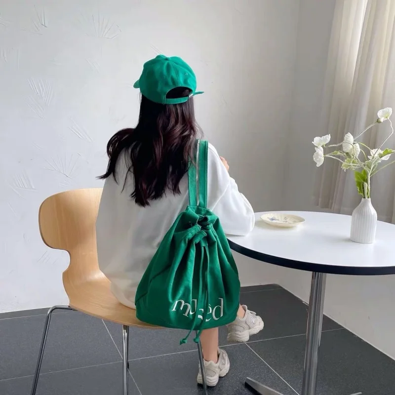 Korean Embroidered Lettes Drawstring Backpack Casual Big Capacity Schoolbag Handbag Student Leisure Travel Backpack