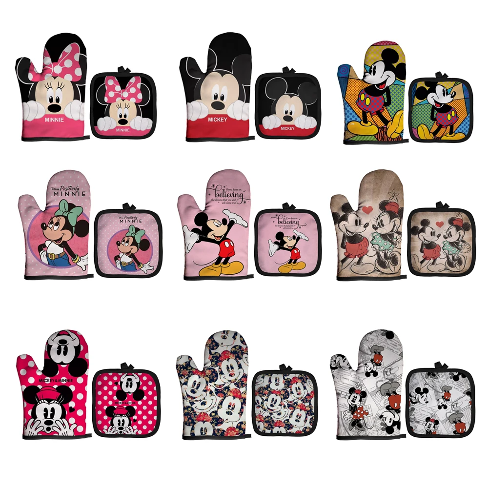 Mickey and Minnie Baking Gloves Cartoon Insulation Mat Pink Microwave Oven Mitt Anti-heat Cooking Potholders Kitchen Accessories Silicone Oven Mitts Kitchen Gloves Silicone Oven Gloves Cotton Pot Holders