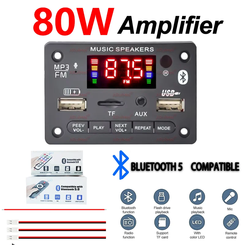 7v-24v 80w amplificador mp3 placa decodificadora bluetooth 5.0 módulo de áudio sem fio grande tela colorida gravação de chamada tf rádio fm para carro