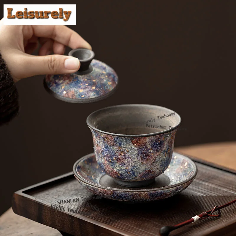 150ml Rock Mineral Point Gold Gaiwan Luxury Tea Tureen Tea Bowl With Lid Kit Tea Brewing Cover Bowl Kung Fu Tea Set Decoration