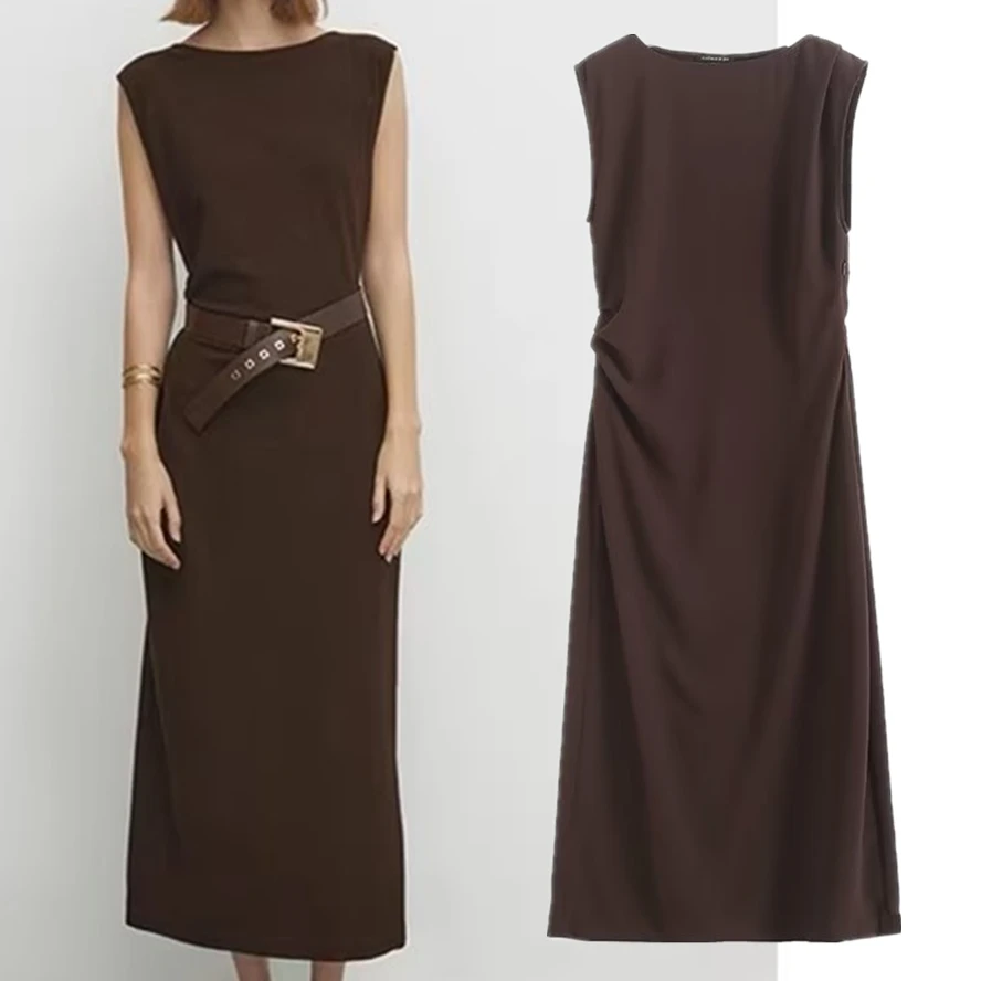 

Jenny&Dave Office Ladies Elegant Vintage Bodysuit Party Dress for Women French Fashion Ladies Elegant Brown Sleeveless Dress