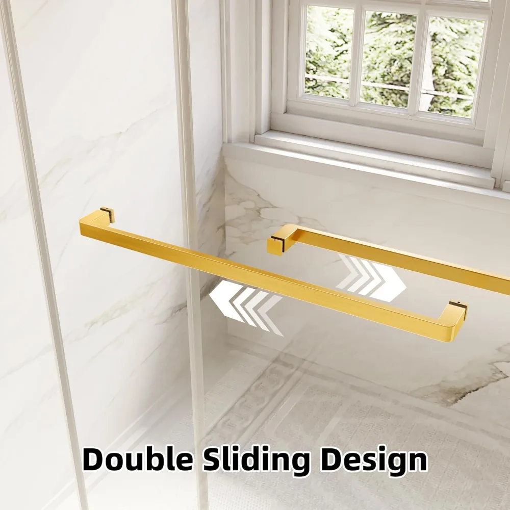 Frameless Shower Door, 56-60" W x 74" H Double Sliding Shower Door with 5/16" (8mm) Brushed Gold Finish Shower Doors 5