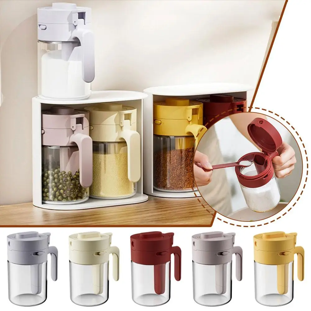Glass Handle For Kitchen Seasoning Jar Flip Over Seasoning Box Transparent Glass With Spoon 1pc seasoning jar