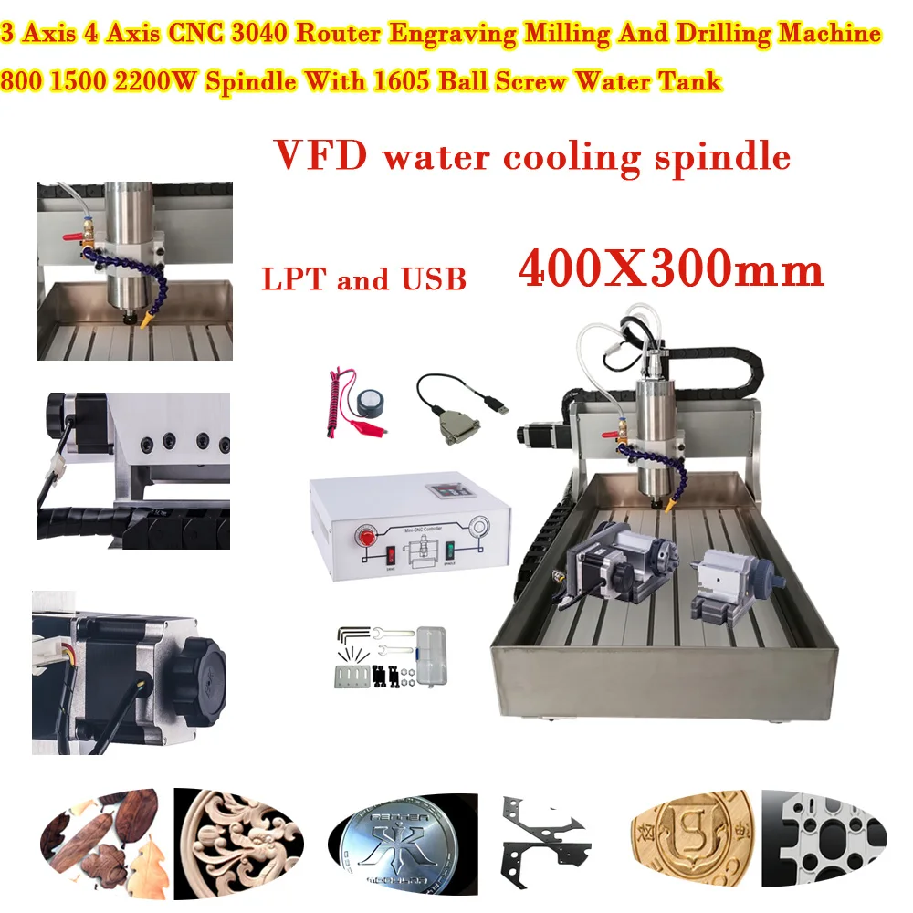 

3 Axis 4 Axis CNC 3040 Router Engraving Milling And Drilling Machine 800 1500 2200W Spindle With 1605 Ball Screw Water Tank