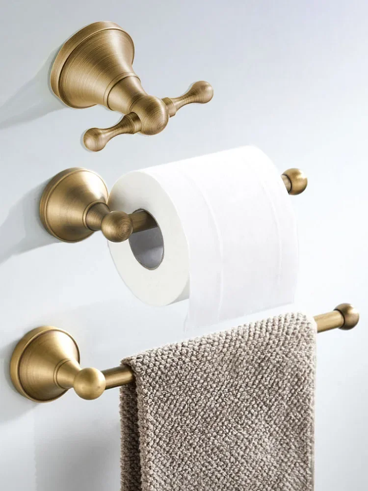 Antique Brass Bathroom Hardware Set - Toilet Paper Holder, Towel Ring, and Robe Hook