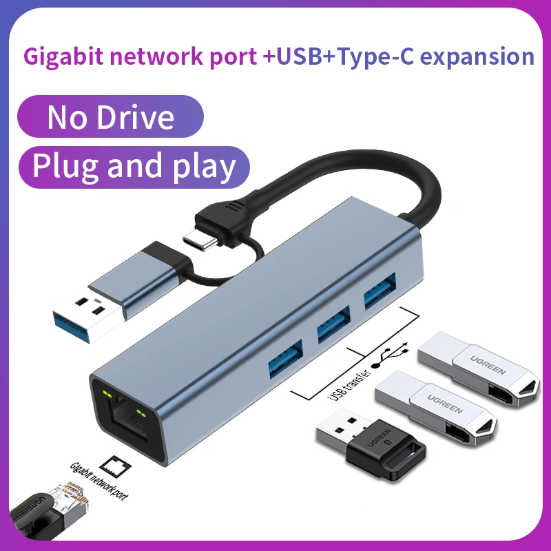 Divisor Usb tipo c Hub Hub com Usb3.0 1000mbps Adaptador Ethernet Rj45 100mbps Usb2.0 Estação de Ancoragem com Carga pd 100w - Imagem 5