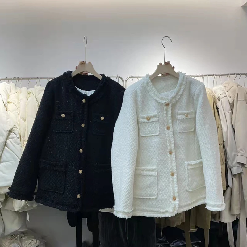 Thick Autumn Winter Tweed Jacket Korean Style Tassel Long Sleeve Outwear 2023 Office Lady Temperament V-Neck Vintage Coat Loose