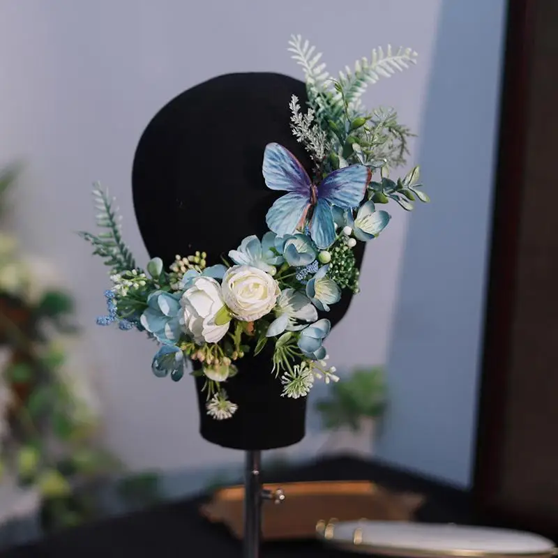 Mori simple location bridal headdress blue silk flower Chinese classical wedding hair accessories seaside vacation