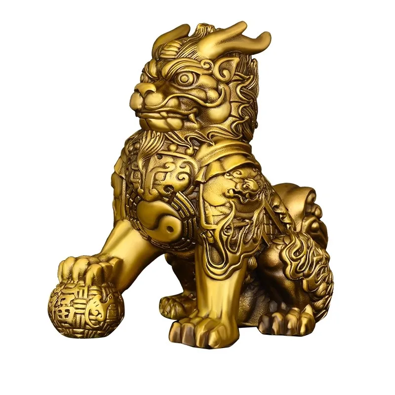 Feng Shui Brass Armor Qilin Statue, Wealth & Fortune Mythical Creature, Chinese Traditional Ornament for Home Office Desk Decor