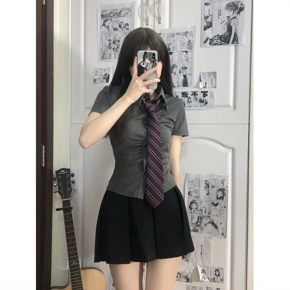

Waist Women's Pleated Design Short Sleeved Shirt Vintage Clothes for Women Tops Shirts Blouses