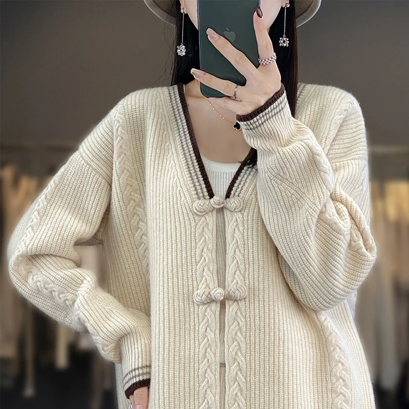 

Spring and Autumn New 100% Pure Wool Cardigan Women's Color Matching V-neck Button Sweater Loose Winter Knitted Coat