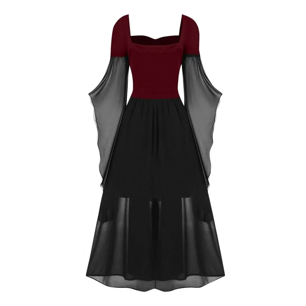 

Vintage Medieval Dress Vintage Women's Halloween Party Maxi Dress with Irregular Horn Sleeves A-line Silhouette Pleated Lace-up
