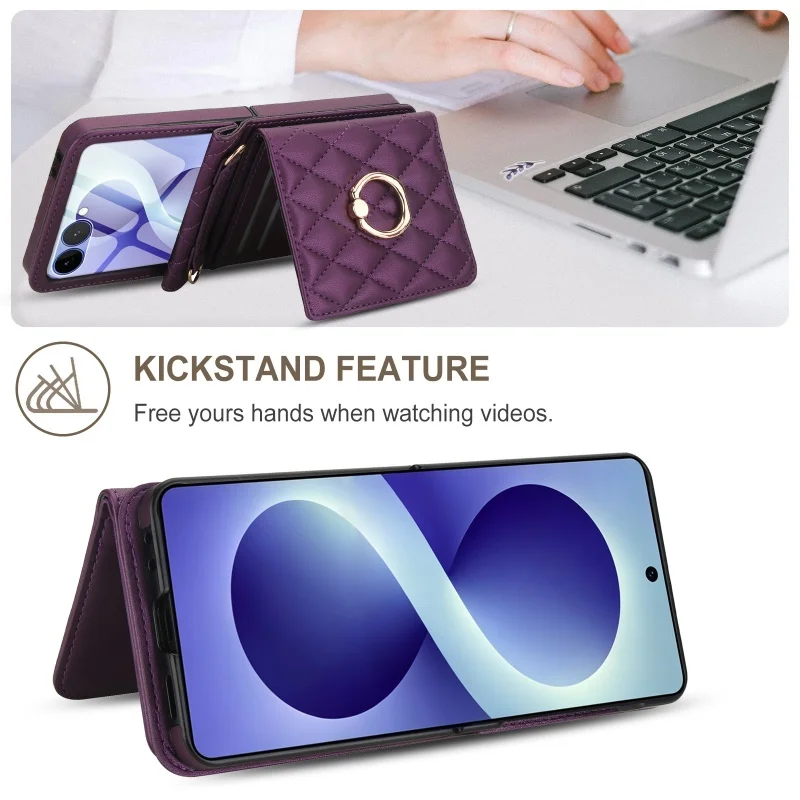 Lanyard Leather Wallet Phone Case with Ring and Card Holder