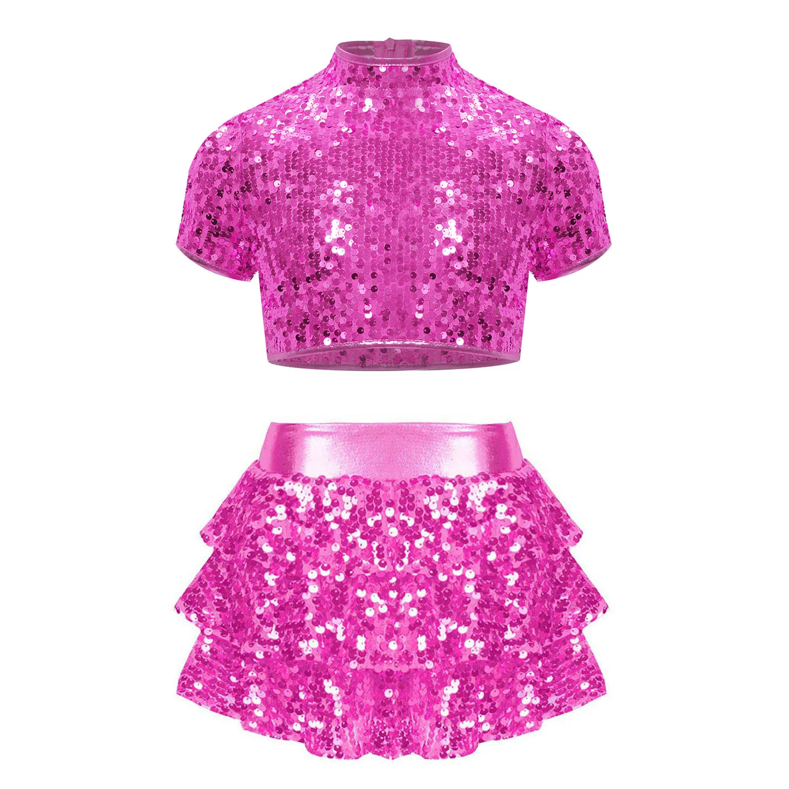thumbnail image 1 of Traje de actuación de danza de ballet de jazz para niñas y porristas con top corto de lentejuelas y pantalones cortos con falda y volantes escalonados, 1 of 5