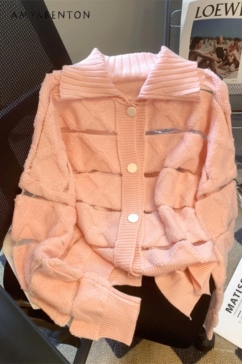 

Idle Style Hollow-out Large Lapel Sweater Coat for Women Loose Knitted Cardigan Top Autumn and Winter Sweater Jacket Outer Wear