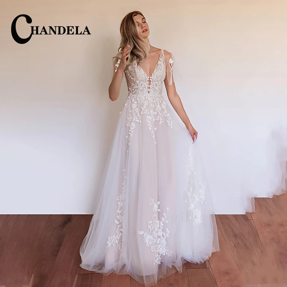 

CHANDELA Chic A Line Wedding Dresses Deep V Neck Appliques Backless Tulle Sweep Train Drop Shipping Robe De Marie Customised