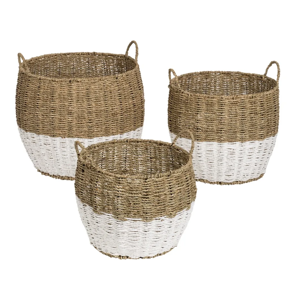 

Set of 3 Round Nesting Seagrass 2 Color Storage Basket with Handles Natural White No Need To Install Sturdy and Durable